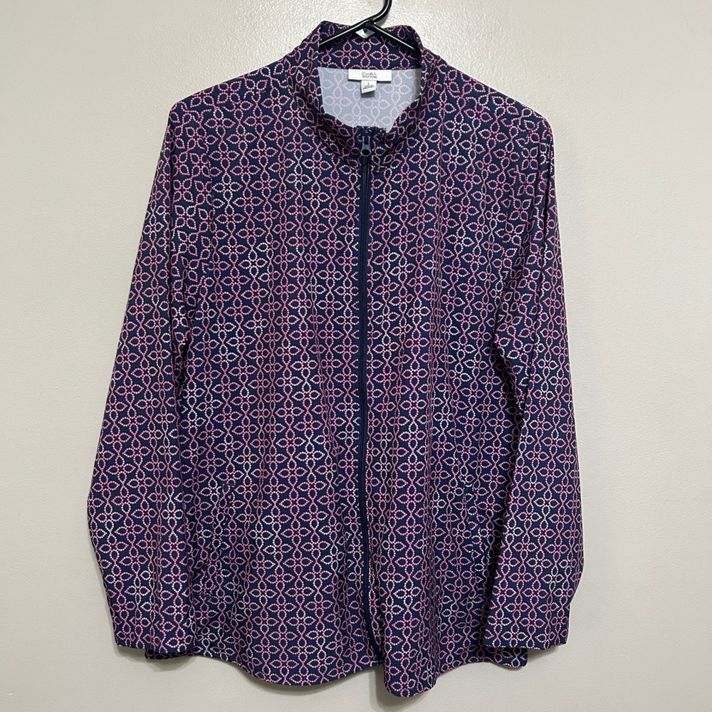 Croft & Barrow Womens Jacket L Navy Pink Geometric Full Zip Sporty Activewear
